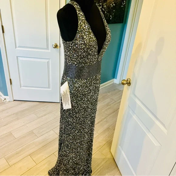 Mac Duggal Sequin V-Neck Empire Waist Sleeveless Gown Size 8 Charcoal NWT 4930 - Picture 12 of 15